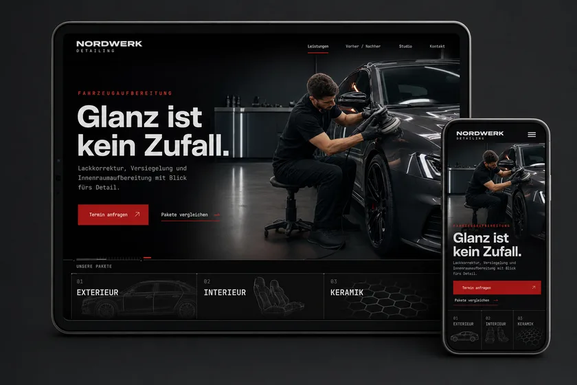 Konzeptstudie Nordwerk Detailing: dieselbe Startseite auf iPad und iPhone