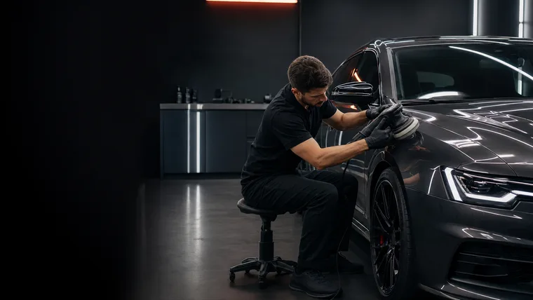 Detailer poliert ein dunkles Fahrzeug in der Werkstatt (Konzeptstudie Nordwerk Detailing)