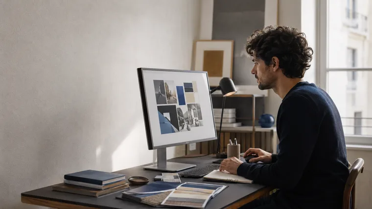 Designer arbeitet am Bildschirm mit Moodboard im Studio (Konzeptstudie Noah Kern)