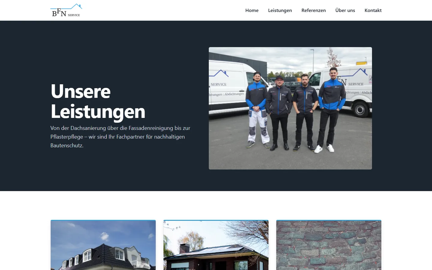 Leistungsübersicht von bfn-service.de mit Teamfoto und den Bereichen Dach, Fassade und Pflaster